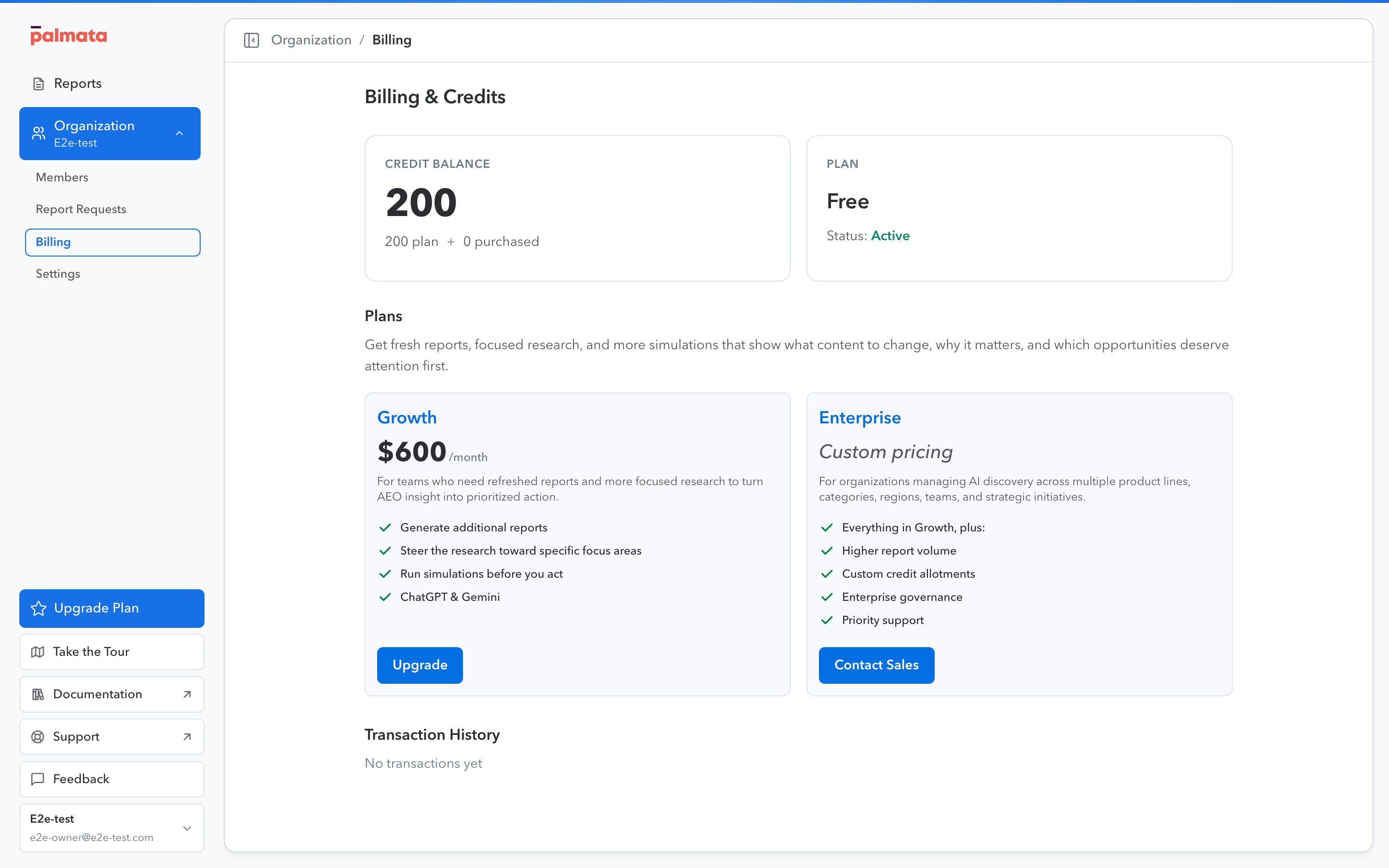 The Billing tab showing the current plan and credit balance