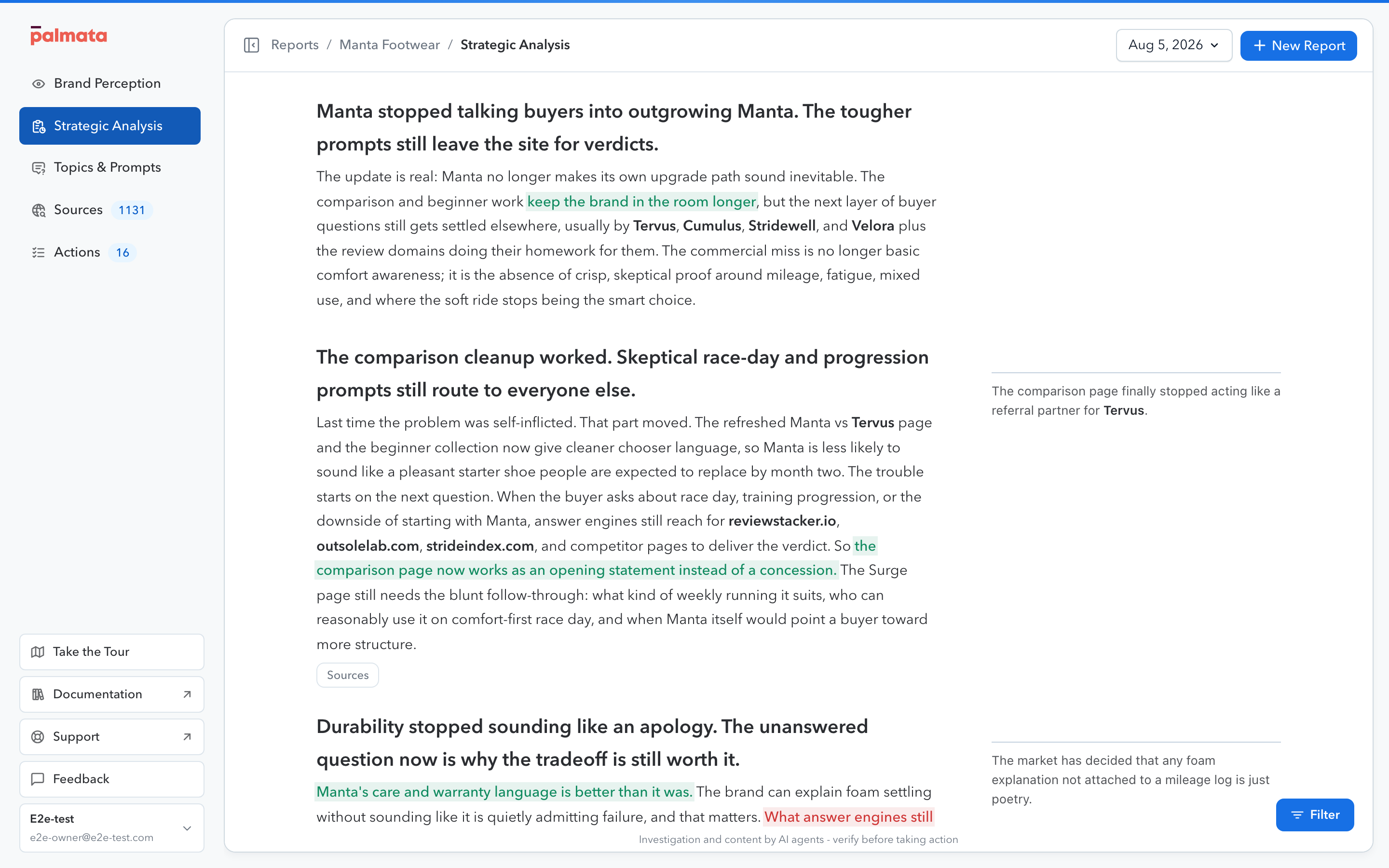 The strategic brief, a written narrative broken into sections with Sources popovers