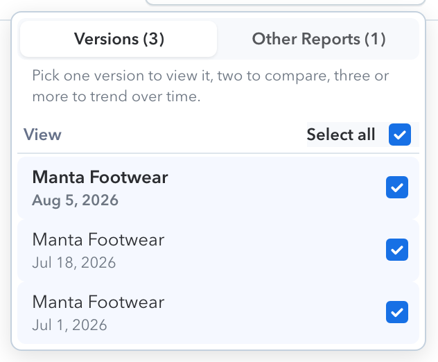The version menu with all three Manta Footwear versions selected for Trends